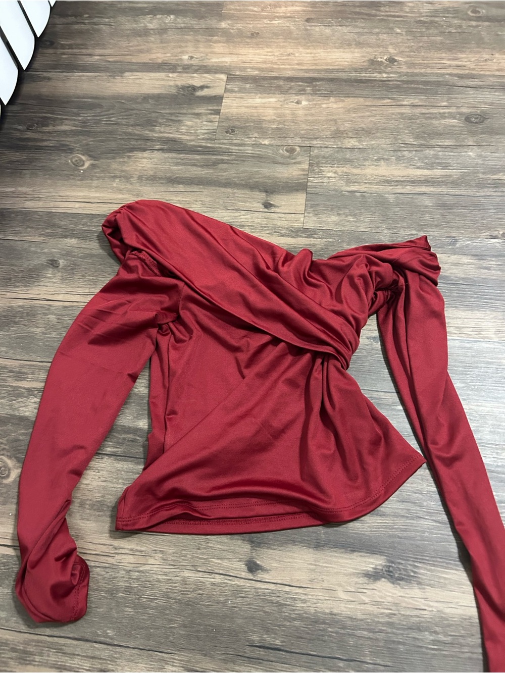 Off-the-Shoulder Long Sleeve Blouse in Burgundy